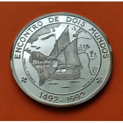PORTUGAL 1000 ESCUDOS 1991 ENCUENTRO DE DOS MUNDOS 1ª SERIE IBEROAMERICANA BARCO NAO y MAPA KM.657A MONEDA DE PLATA PROOF
