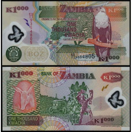 ZAMBIA 1000 KWACHA 2005 AGUILA, ESCLAVO y TRACTOR Pick 44D BILLETE DE PLASTICO Africa UNC BANKNOTE polymer