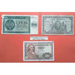 3 billetes x España 100 PESETAS 1936 CATEDRAL DE BURGOS + 100 PESETAS 1940 COLON + 100 PESETAS 1948 BAYEU MUY CIRCULADOS