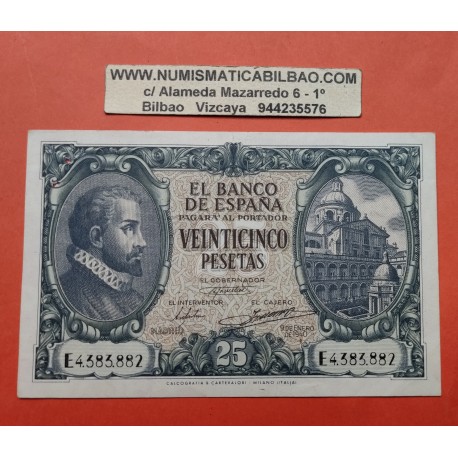ESPAÑA 25 PESETAS 1940 JUAN DE HERRERA @AGUJEROS DE GRAPA@ Serie E 4383882 Pick 116 BILLETE MBC+ Spain banknote