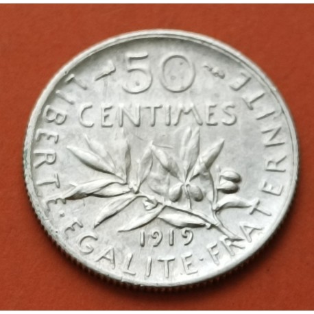 FRANCIA 50 CENTIMOS 1919 SEMBRADORA KM.854 MONEDA DE PLATA MBC++ France 50 Centimes SEMEUSE