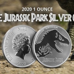 . 1 moneda RARA x NIUE 2 DOLARES 2020 DINOSAURIO película  JURASSIC PARK PLATA PURA SC OZ 1 ONZA 2020