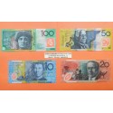 4 billetes x AUSTRALIA 10+20+50+100 DOLARES 1994+1998+1999 Hechos en PLASTICO Pick 52B+53A+54B+55B PVP NUEVOS 550€