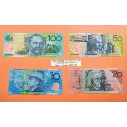 4 billetes x AUSTRALIA 10+20+50+100 DOLARES 1994+1998+1999 Hechos en PLASTICO Pick 52B+53A+54B+55B PVP NUEVOS 550€