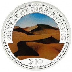 . @COLORES@ NAMIBIA 10 DOLARES 1995 DUNAS DEL DESIERTO NAMIB KM.8 MONEDA DE PLATA PROOF cápsula y certificado