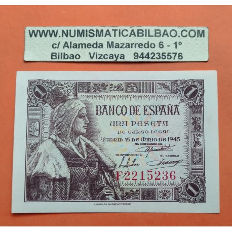 ESPAÑA 1 PESETA 1945 REINA ISABEL LA CATOLICA Serie F Pick 128 BILLETE SIN CIRCULAR SC Spain UNC banknote