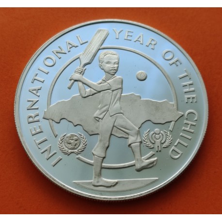 JAMAICA 10 DOLARES 1979 NIÑO JUGANDO AL CRICKET KM.80 MONEDA DE PLATA PROOF International Year of the Child