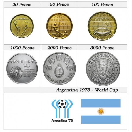 6 monedas x ARGENTINA 20+50+100 PESOS 1978 (LATON) y 1000+2000+3000 PESOS 1978 (PLATA) MUNDIAL DE FUTBOL 1978 SC
