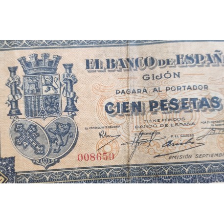 ESPAÑA 100 PESETAS 1937 BANCO DE ESPAÑA GIJON ASTURIAS Sin Serie 008650 Pick S.580 BILLETE MUY CIRCULADO GUERRA CIVIL