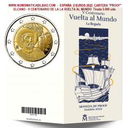 . 1 moneda PROOF @AGOTADA@ x ESPAÑA CARTERA FNMT 2 EUROS 2022 ELCANO V CENTENARIO DE LA VUELTA AL MUNDO CONMEMORATIVA