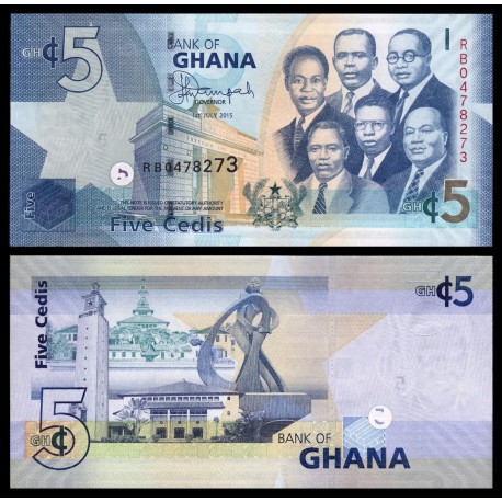 GHANA 5 CEDIS 2015 ESTATUA, MINARETE y PRESIDENTES Pick 38 BILLETE SC Africa UNC BANKNOTE