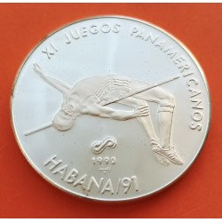 CUBA 10 PESOS 1990 SALTO DE ALTURA XI JUEGOS PANAMERICANOS KM.291MONEDA DE PLATA PROOF Caribe 1 ONZA