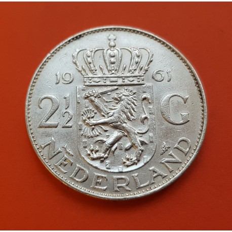 0,35 Onzas x HOLANDA 2,50 GULDEN 1961 REINA JULIANA y LEON CON ESPADA KM.185 MONEDA DE PLATA MBC The Netherlands silver