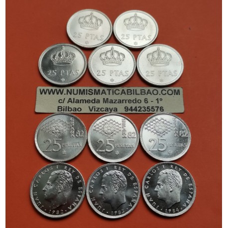 11 monedas NUEVAS x ESPAÑA 25 PESETAS 1975 * 76 - 77 - 78 - 79 - 80 JUAN CARLOS I + 1980 * 80 - 81 - 82 MUNDIAL 1982+1983+1984