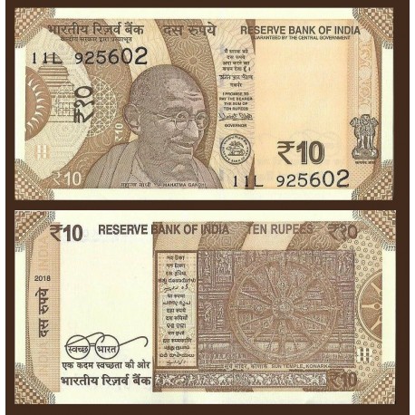 INDIA 10 RUPIAS 2018 MAHATMA GANDHI y RUEDA DE CARROMATO Pick NEW BILLETE SC UNC BANKNOTE