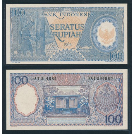 @ESCASO@ INDONESIA 100 RUPIAS 1964 RECOLECTOR DE CAUCHO y CABAÑA Pick 98 BILLETE SC Color AZUL UNC BANKNOTE