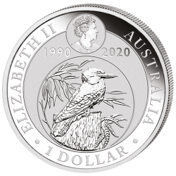 @1 ONZA 2020@ AUSTRALIA 1 DOLAR 2020 KOOKABURRA PAJARO 30 ANIVERSARIO 1990 MONEDA DE PLATA PURA SC $1 Dollar Coin OZ silver