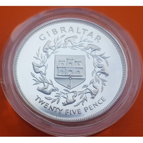 GIBRALTAR 25 PENIQUES 1977 JUBILEO DE ISABEL II MONOS KM.17 A MONEDA DE PLATA PROOF UK Colony 25 Pence Silver Jubilee CAPSULA