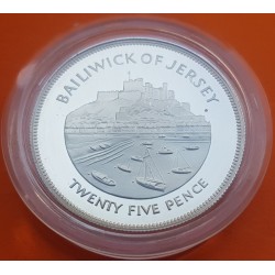 JERSEY 25 PENIQUES 1977 JUBILEO DE ISABEL II KM.44A MONEDA DE PLATA PROOF 25 Pence Silver Jubilee CAPSULA