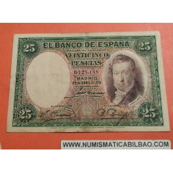 1 billete x ESPAÑA 25 PESETAS 1931 VICENTE LOPEZ Sin Serie Pick 81 BILLETE MUY CIRCULADO tono amarillento II REPUBLICA