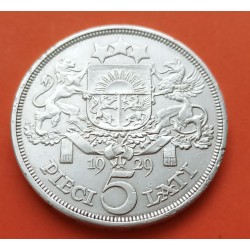 LETONIA 5 LATI 1929 DAMA y ESCUDO KM.9 MONEDA DE PLATA EBC Latvia Latvijas Republik silver coin R/2