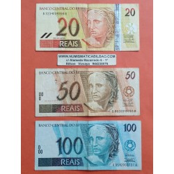 @PVP NUEVOS 385€@ 3 billetes x BRASIL 20 + 50 + 100 REAIS 1994 / 2007 MONO - LEOPARDO - PEZ Brazil banknotes RAROS y CIRCULADOS