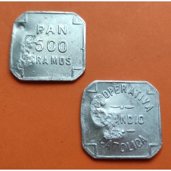 1 moneda x ERANDIO 500 GRAMOS DE PAN 1938 aprox. FICHA DE COOPERATIVA CATOLICA ALUMINIO con resellos GUERRA CIVIL BILBAO VIZCAYA