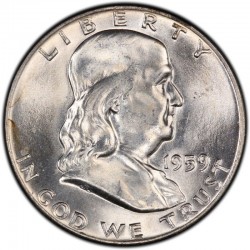 ESTADOS UNIDOS 1/2 DOLAR 1959 D BENJAMIN FRANKLIN y CAMPANA KM.163 MONEDA DE PLATA @LUJO@ USA Half silver dollar R/2