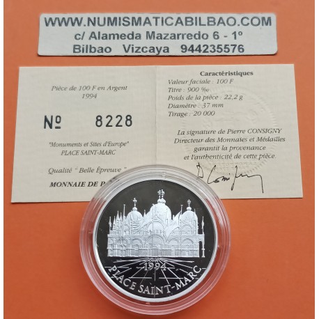 FRANCIA 100 FRANCOS 1994 VENECIA LA PLAZA DE SAN MARCOS KM.1068 MONEDA DE PLATA PROOF France 15 Ecus CERTIFICADO