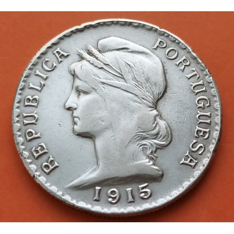 PORTUGAL 1 ESCUDO 1915 DAMA ALEGORICA KM.564 MONEDA DE PLATA MBC @RARA@ República Portuguesa silver coin