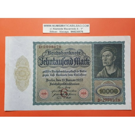 @TAMAÑO XXL@ ALEMANIA 10000 MARCOS 1922 ALBERT DURER Época WEIMAR Aguilas Rojas Pick 70 BILLETE EBC- Germany Reichsbanknote
