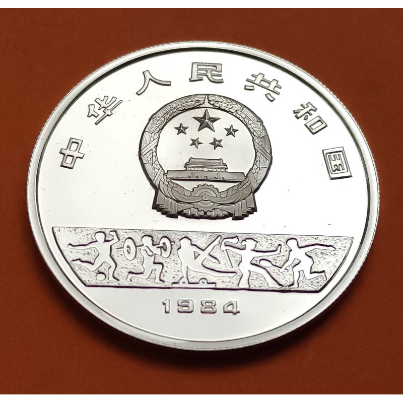 @MUY RARA@ CHINA 10 YUAN 1984 SPEED SKATING OLIMPIADA LOS ANGELES KM.95 MONEDA DE PLATA PROOF
