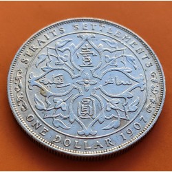 @RARA@ ESTRECHOS MALAYOS 1 DOLAR 1907 H EDUARDO VII BRITISH STRAITS SETTLEMENTS KM.26 MONEDA DE PLATA MBC+/EBC- Malaysia