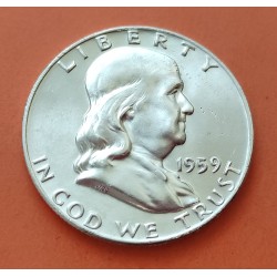 ESTADOS UNIDOS 1/2 DOLAR 1959 D BENJAMIN FRANKLIN y CAMPANA KM.163 MONEDA DE PLATA @LUJO@ USA Half silver dollar