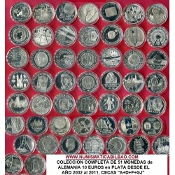 51 monedas x ALEMANIA 10 EUROS 2002+2003...2009+2010+2011 Cecas A + D + F + G + J todas de PLATA SC Germany BRD