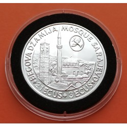 . @RARA@ BOSNIA 21 ECUS + 3 ECUS 1993 MEZQUITA y PUENTE DE SARAJEVO Mosque KM.86 MONEDA DE PLATA PROOF Herzegovina 1/2 ONZA