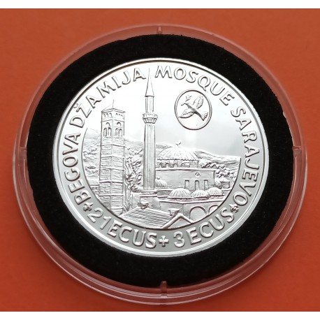 . @RARA@ BOSNIA 21 ECUS + 3 ECUS 1993 MEZQUITA y PUENTE DE SARAJEVO Mosque KM.86 MONEDA DE PLATA PROOF Herzegovina 1/2 ONZA