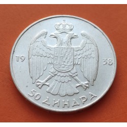 YUGOSLAVIA 50 DINARA 1938 REY PEDRO II y AGUILA KM.25 MONEDA DE PLATA SC- Reino de silver coin