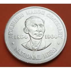0,75 ONZAS x FILIPINAS 1 PESO 1964 APOLINARIO MABINI NATIONAL HERO KM.194 MONEDA DE PLATA SC Imperfecciones silver