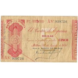 1936 EUSKADI 5 PESETAS BANCO de VIZCAYA Serie A 939724 MBC+