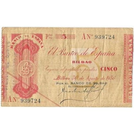 1936 EUSKADI 5 PESETAS BANCO de VIZCAYA Serie A 939724 MBC+
