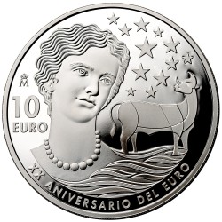 . 1 moneda @5/JULIO ENVIO@ x ESPAÑA 10 EUROS 2022 XX ANIVERSARIO DEL EURO DAMA y TORO PLATA ESTUCHE FNMT
