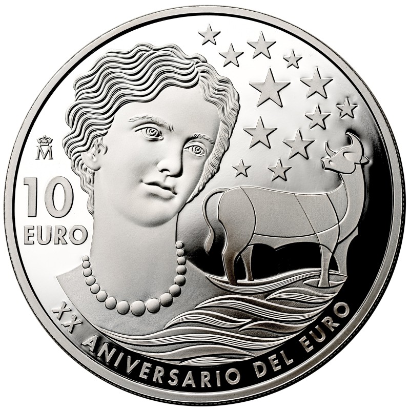. 1 moneda @5/JULIO ENVIO@ x ESPAÑA 10 EUROS 2022 XX ANIVERSARIO DEL EURO DAMA y TORO PLATA ESTUCHE FNMT