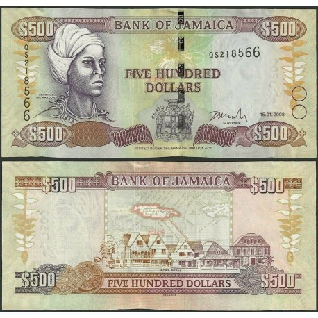 @ESCASO@ JAMAICA 500 DOLARES 2008 PORT ROYAL y NANNY OF THE MAROONS Pick 85 BILLETE SC 500 Dollars UNC BANKNOTE