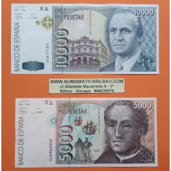2 billetes x ESPAÑA 5000 PESETAS 1992 CRISTOBAL COLON + 10000 PESETAS 1992 JUAN CARLOS I Pick 166 EBC Spain banknote P3
