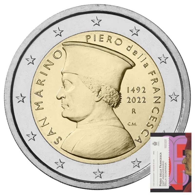 . 1 moneda x @ENVIO 5/MAYO@ SAN MARINO 2 EUROS 2022 PINTOR PIERO DELLA FRANCESCA SC 1ª CONMEMORATIVA ESTUCHE