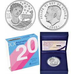 . 1 coin ESPAÑA 10 EUROS 2022 XX ANIVERSARIO DEL EURO DAMA y TORO MONEDA DE PLATA ESTUCHE FNMT