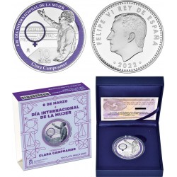 . @ENVIO 1/MAR@ ESPAÑA 10 EUROS 2022 CLARA CAMPOAMOR 8 de MARZO DIA DE LA MUJER 2ª MONEDA DE PLATA PROOF ESTUCHE FNMT