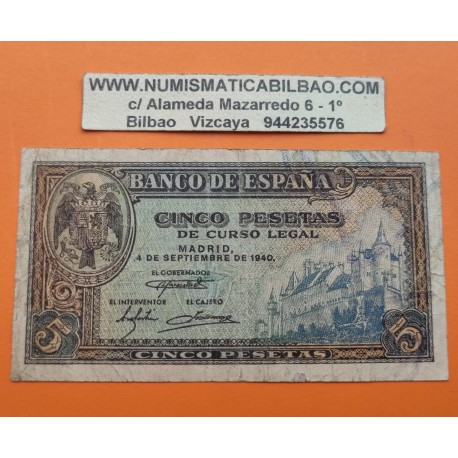 ESPAÑA 5 PESETAS 1940 ALCAZAR DE TOLEDO Serie E 8452909 Pick 123A BILLETE MUY CIRCULADO @ESCASO@ Spain banknote