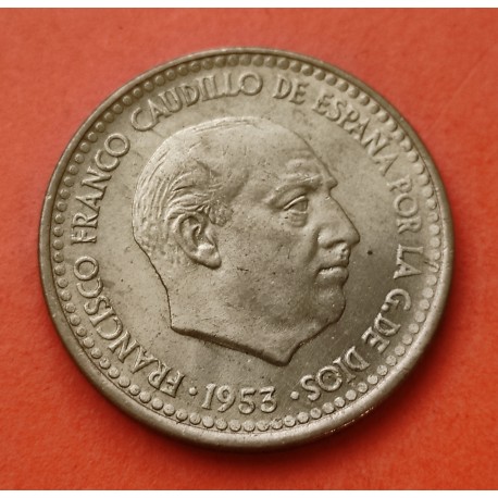 ESPAÑA 1 PESETA 1953 * 19 62 FRANCO y AGUILA FRANQUISTA KM.775 MONEDA DE LATON SC ESTADO ESPAÑOL R/2